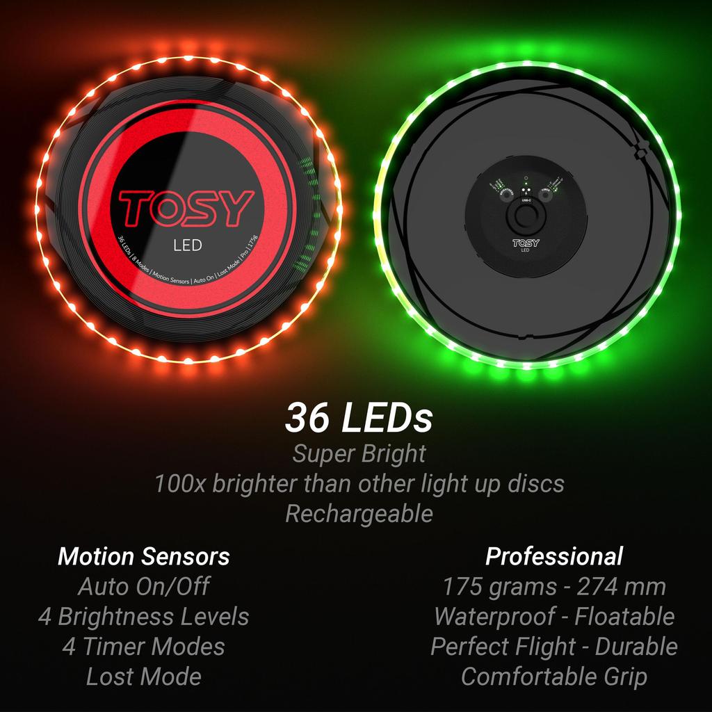 TOSY 36 and 360 LED Flying Discs Super Bright Glow in the Dark Rechargeable Auto-On Smart Mode 175g Birthday Camping Gift for Men Boys Teens Kids