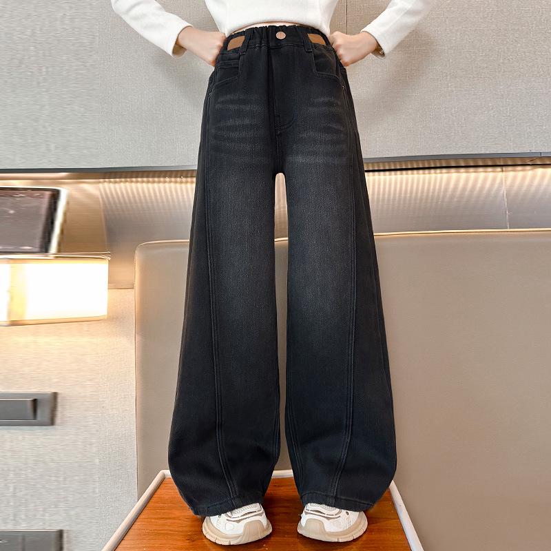 

Джинсы для девочек 2025 с широкими штанинами и флисовой подкладкой: Зимние утепленные цельные брюки для подростков 150cm