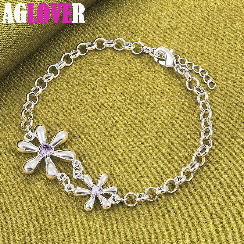925 Sterling Silver White AAA Zircon Flowers Bracelet Jewelry