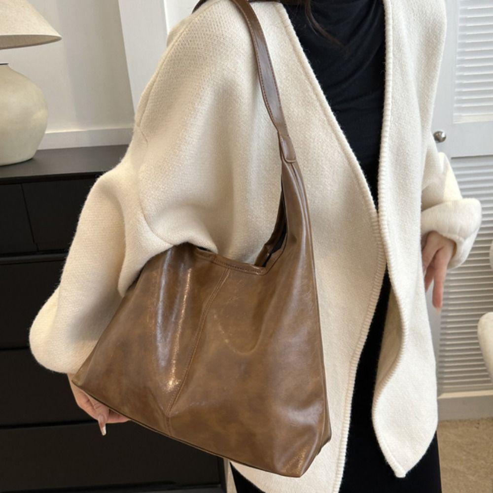 Solid Color Commuting Shoulder Bag Large Capacity Vintage Underarm Bag Soft Leather Tote Bag Women