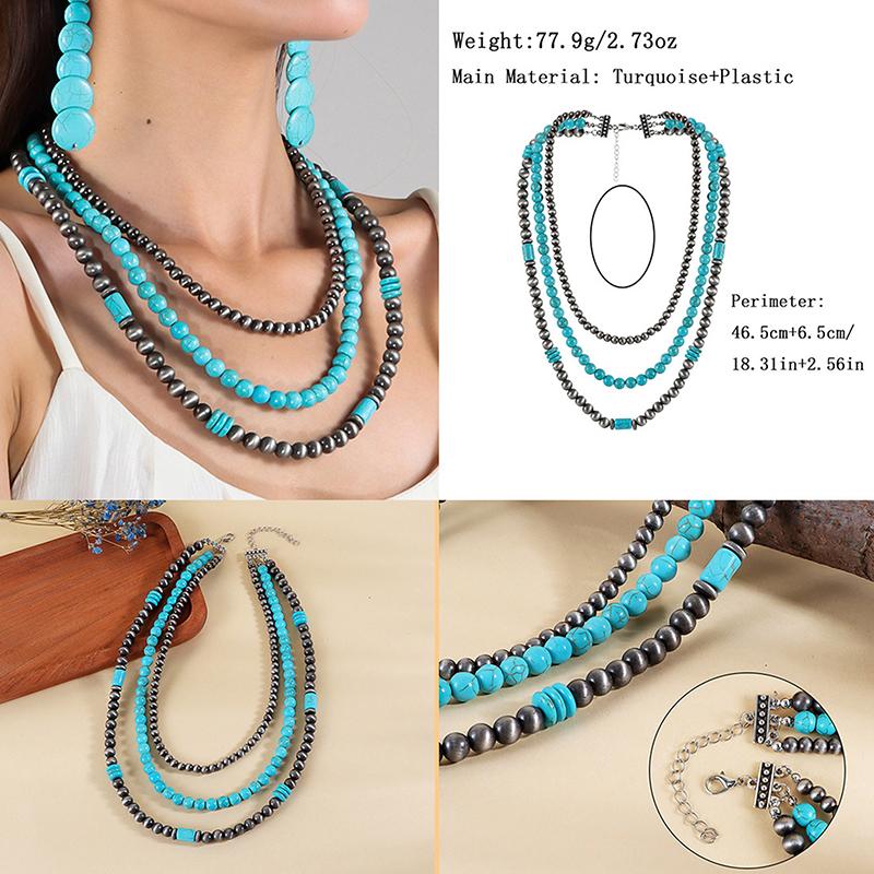 Sommer Perlen Mehrschichtig Türkis Halskette Ethnischer Stil Kaktus Strand Choker Anhänger Retro Westlich Land Halskette Geschenk