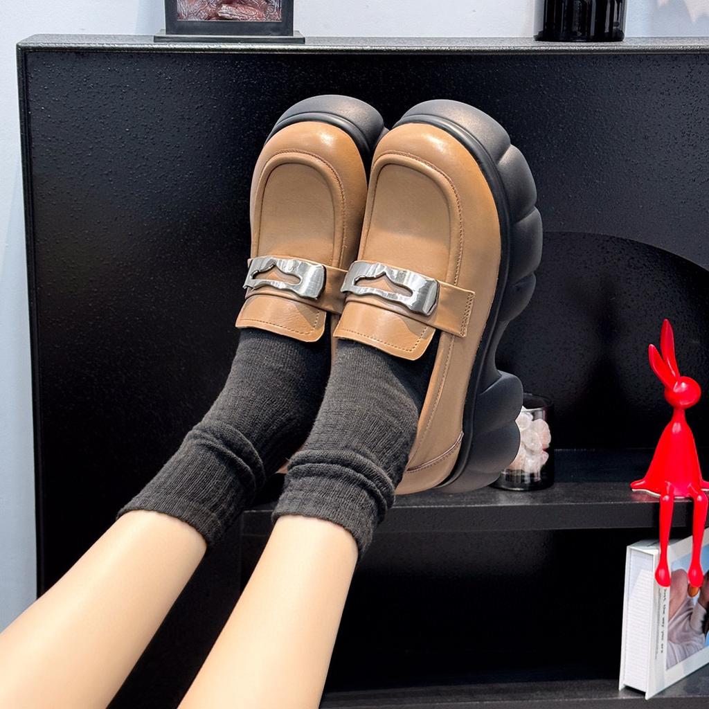 Platform Shoes Women's Spring New Round Head Metal Buckle Waterproof Table Thick Heel Single Shoes College Style Small Leather Shoes Women's Shoes