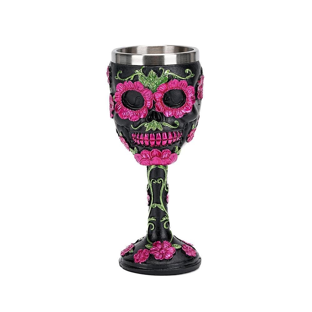 Resin Skull Rose Goblet with Stainless Steel Insert High Stem Barware for Spirits and Cocktails Unique Gothic Style Wine Glass