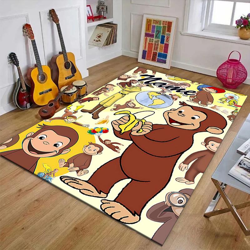 Custom Curious George Mat Personalized Name, Polyester Washable Indoor Entryway Rug, Gift for Christmas, Easter, Thanksgiving Day