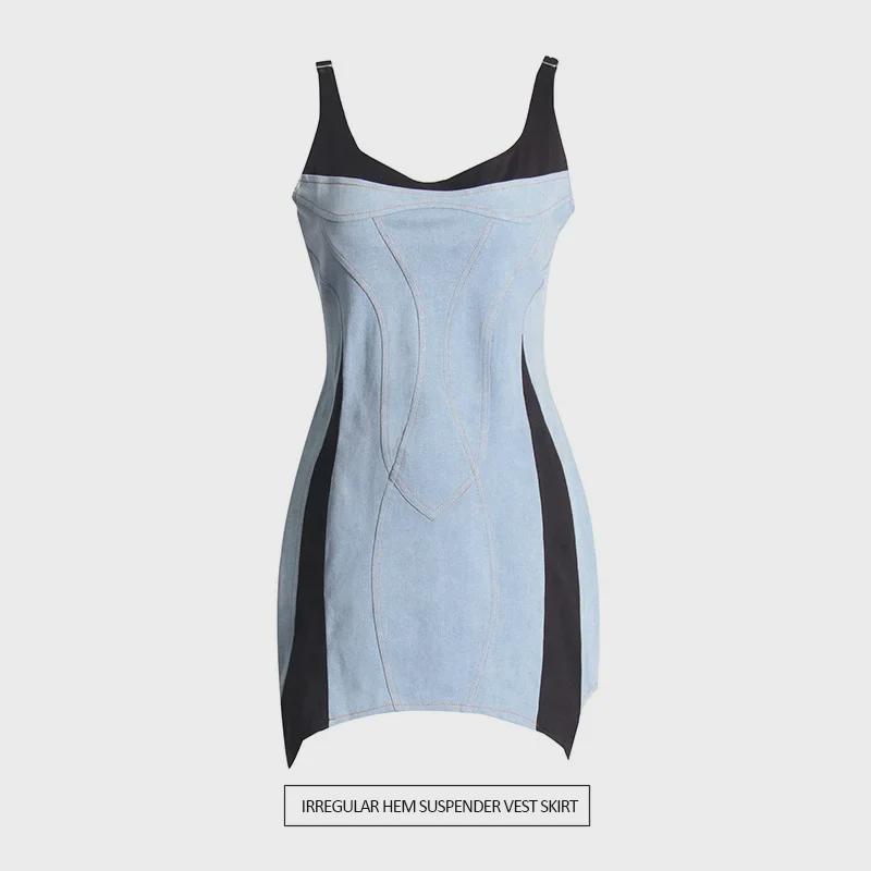 

Sweetheart Idol Colorblock Denim Overall Slim Dress 2025 Large синій