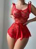 European & American Style Sexy Mesh Floral Heart Lace-Up Bodysuit Lingerie Set