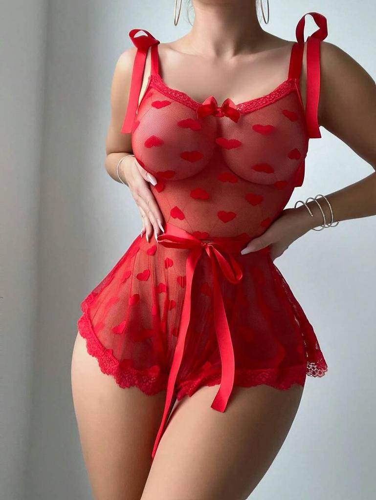 European & American Style Sexy Mesh Floral Heart Lace-Up Bodysuit Lingerie Set