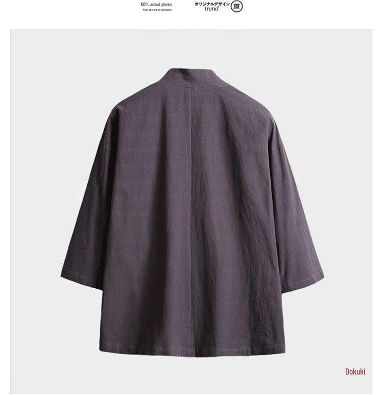 Men's Japanese-Style Hanfu Kimono Cardigan - Feather Weave, Three-Quarter Sleeves, Sun Protection Taoist Robe Jacket