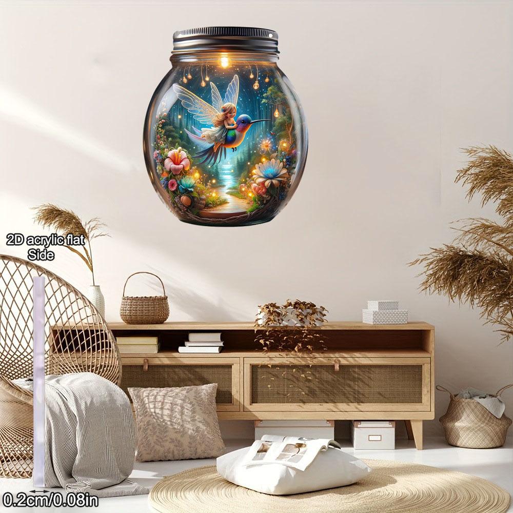 2D Flat Acrylic Mason Jar Hangings Decor, Plants Flowers, Fairy, Hummingbird, Mason Vase Painted Outdoor Decor Living Room Wall Window Pendant