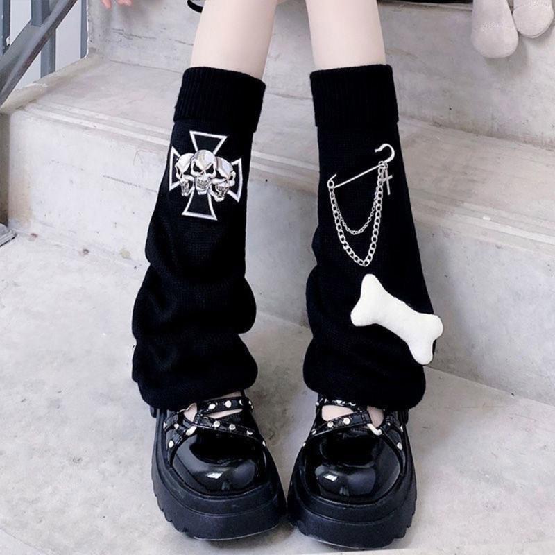 Calentadores de Piernas de Punto Rayados Góticos Punk Calaveras Cruces Adornos Cubre Pies Piernas Calcetines Largos Holgados Acampanados para Mujeres Niñas