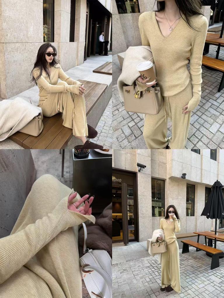 4060 Superniniyy Mulberry Silk Wool V-Neck Flare Sleeve Knit Suit