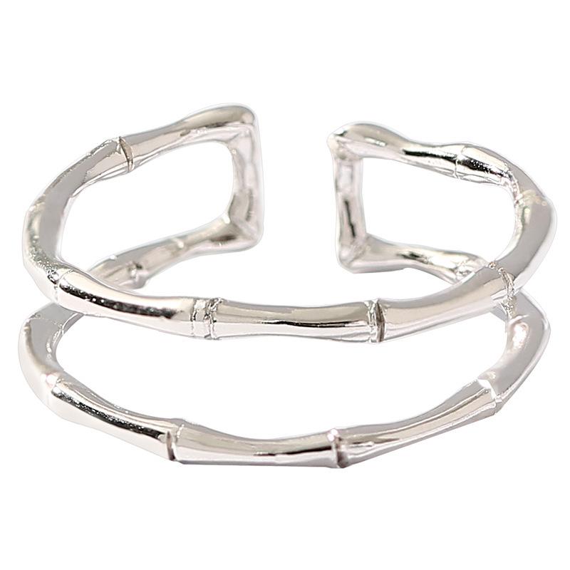Japanese-Korean Double Layer Bamboo Joint Adjustable Fashion Ring - 925 Sterling Silver Plated, Unique Niche Design with Cool Style.