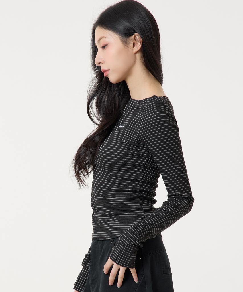 UNKNOWN PLANET Slim Striped Boat Neck Long Sleeve Top Black