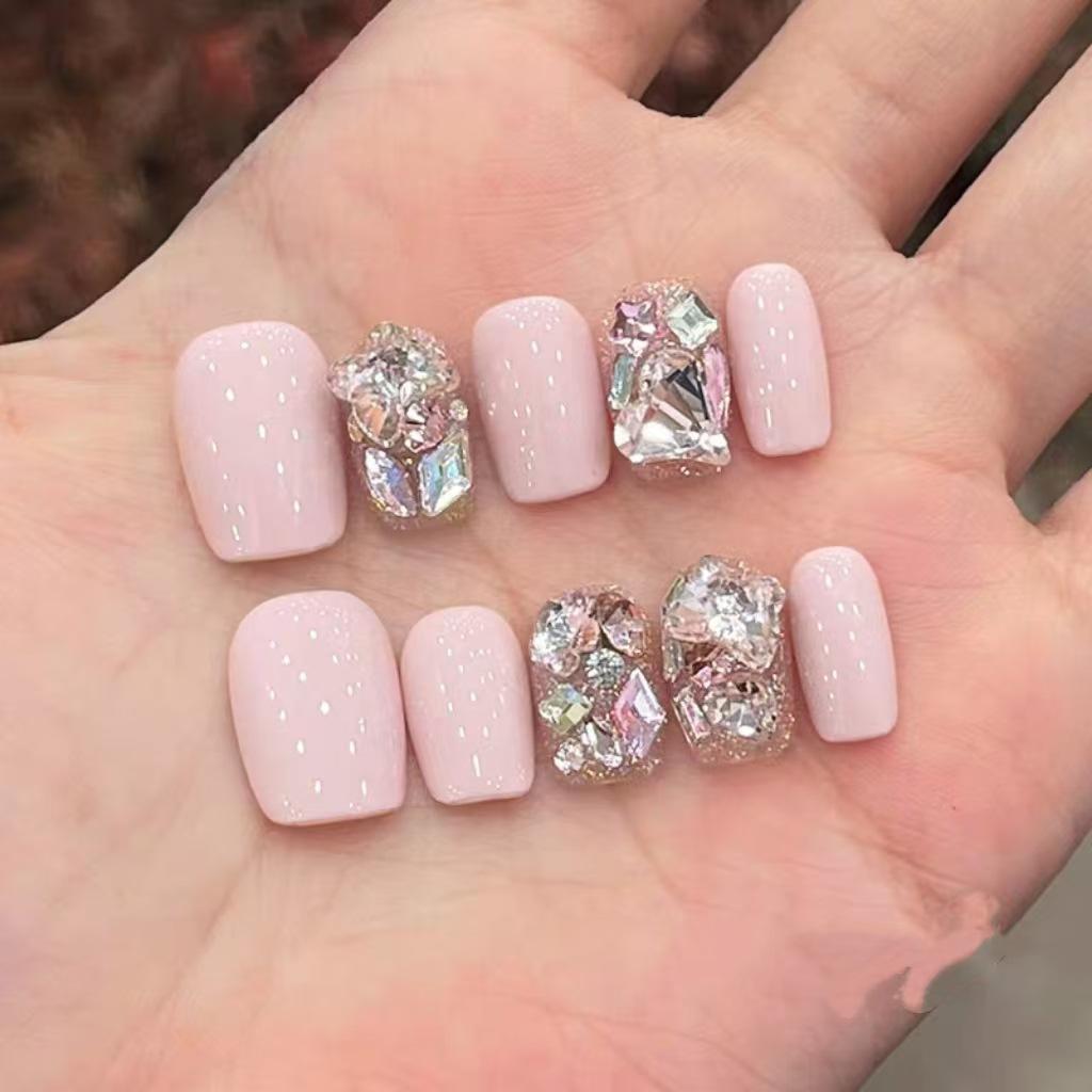 10pcs Pink Nude Cat Eye Rhinestone Handmade Short Square Press On Nails C Curve Full Coverage False Nail Tips