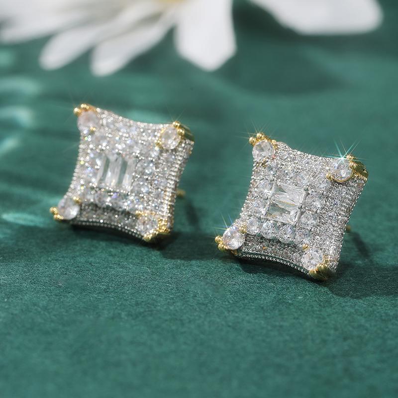 Hip Hop Golden Plated Inlaid Synthetic Zirconia Square Stud Earrings for Men Women Party Daily Versatile Jewelry Crafts