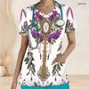 Women Plus Size White Floral Printed Nurse Scrub Top V Neck Short Sleeve With Front Pockets