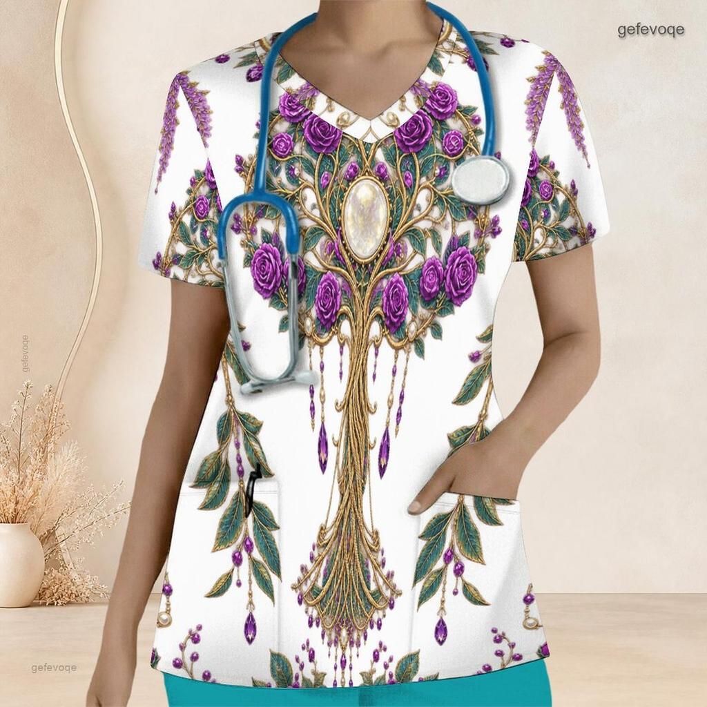 Women Plus Size White Floral Printed Nurse Scrub Top V Neck Short Sleeve With Front Pockets