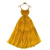 French coffee break retro suspender dress women's vacation style waist thin pleated design drape big pendulum long skirt