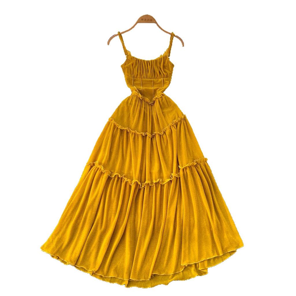 French coffee break retro suspender dress women's vacation style waist thin pleated design drape big pendulum long skirt