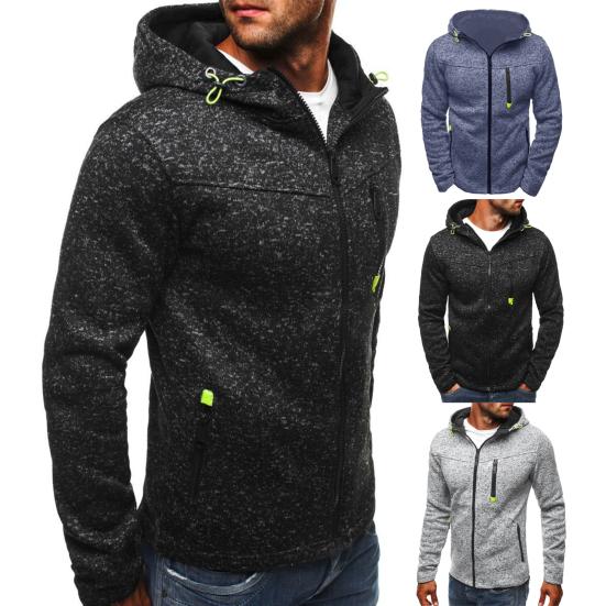 Men Hoodie Zipper Warm Solid Color Winter Men Fleece Hooded Sweatshirt Pullover for Daily Wear