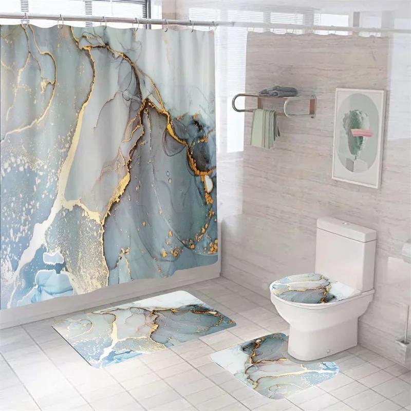 Luxury 3D Marble Shower Curtain Set Polyester Fabric Waterproof Batthroom Curtains Modern Style Printing Bath Toilet Cover Mat