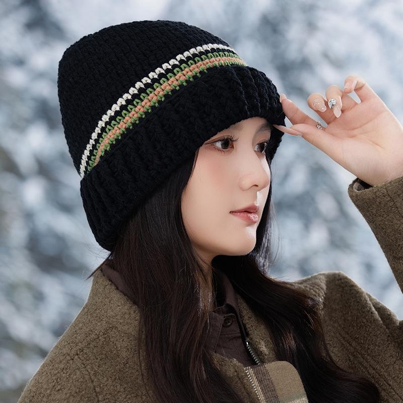 Striped color matching wool knitted hat autumn and winter hat women's big head circumference pullover hat versatile face small cold hat