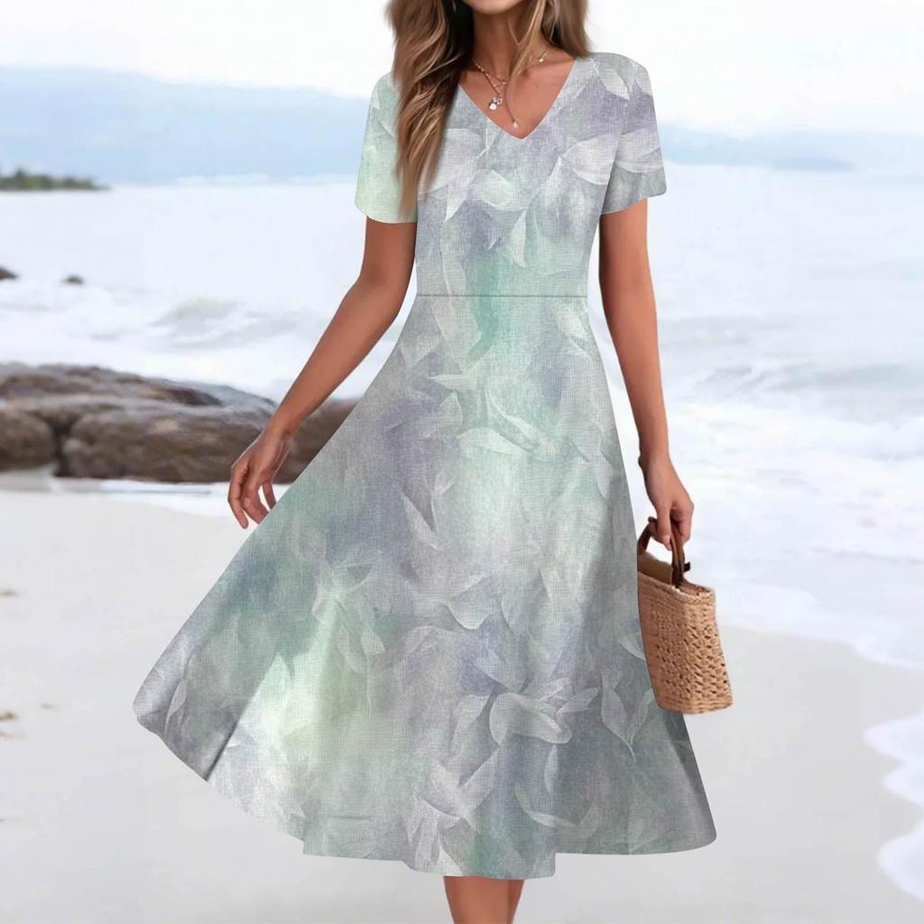 Damen Sommer Freizeitmode Druck Tasche Kurzarm V-Ausschnitt Schwingkleid