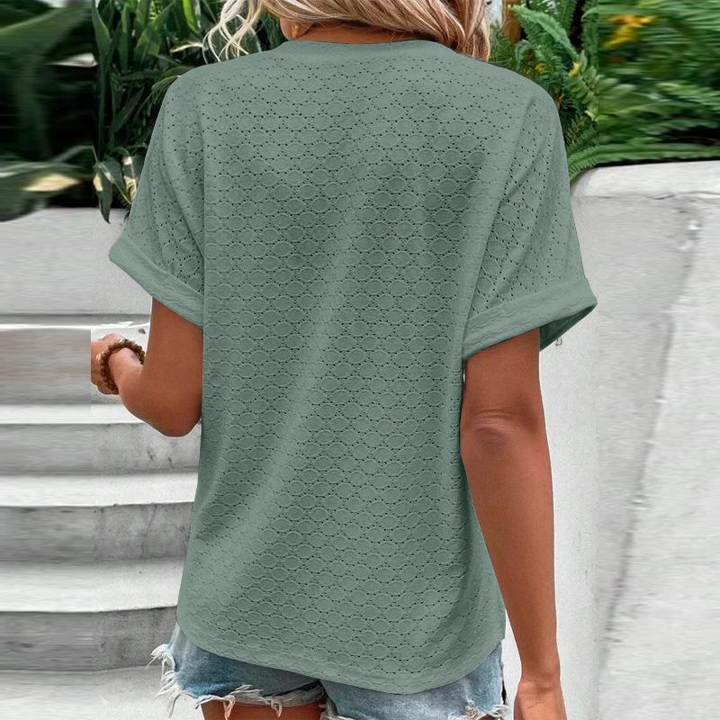 Spring/Summer 2025 Women's Casual V-Neck Button T-Shirt - Solid Color Fashion