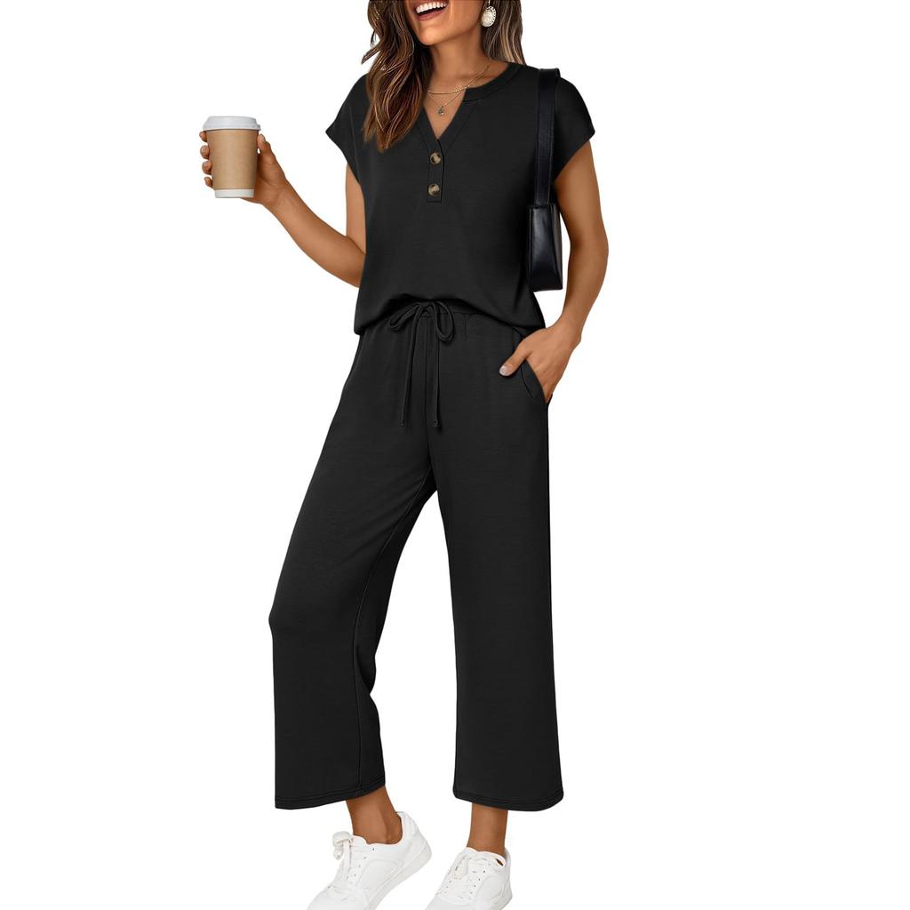 Women's Fashionable Casual Comfortable -Colour Small V-Neck Button-Front Short-Sleeved Two-Piece Suit