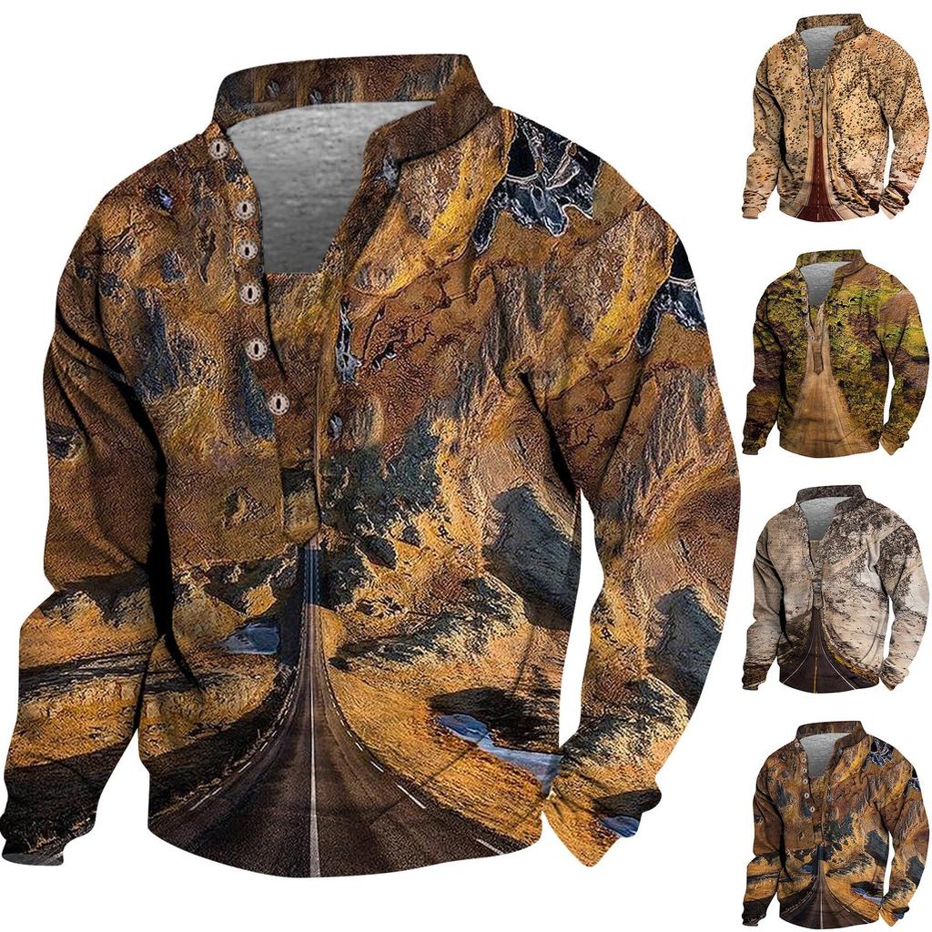 Pullover mit V-Ausschnitt für Herren, 3D-Digitaldruck, Stehkragen, 6 Knöpfe, Vintage-Kragen