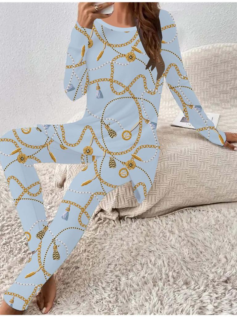 Euro-American Fashion 3D Geometry Printed Women's  Four-season Long-sleeved T-shirt + Long Pants Two-piece Set. Perfect Gift for New Year & Christmas