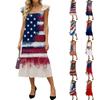 Women's Fashion Loose Mid-length Ruffled Flying Sleeve Independence Day Printed Dress
