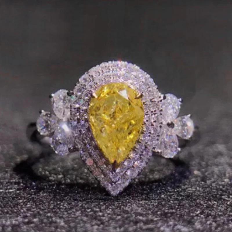 New Bright Yellow Pear Shape Cubic Zirconia Rings for Women Luxury Wedding Party Accessories Novel Design Trendy Zircon