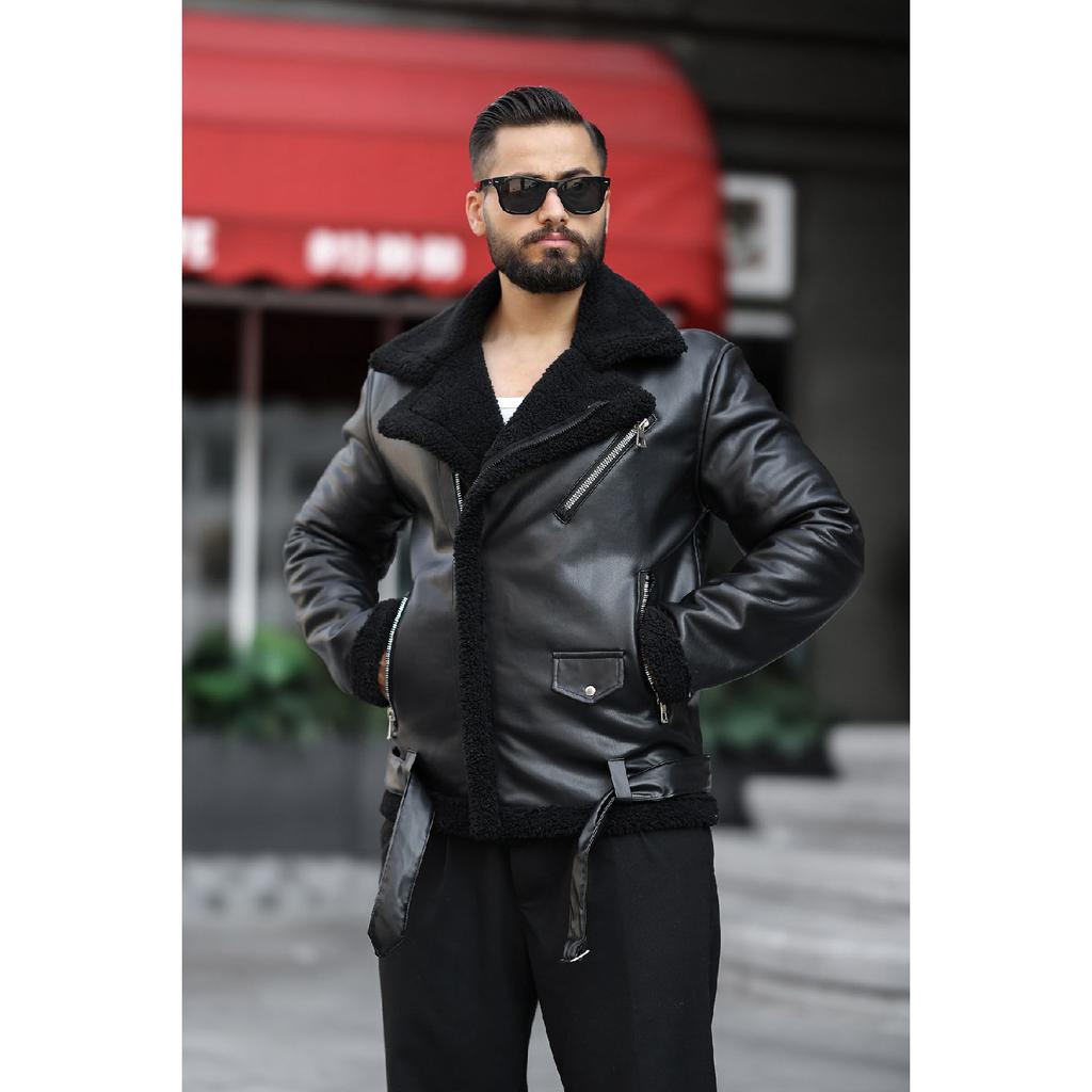 Laminated Leather Double-breasted Coat With Complete Fur Inside