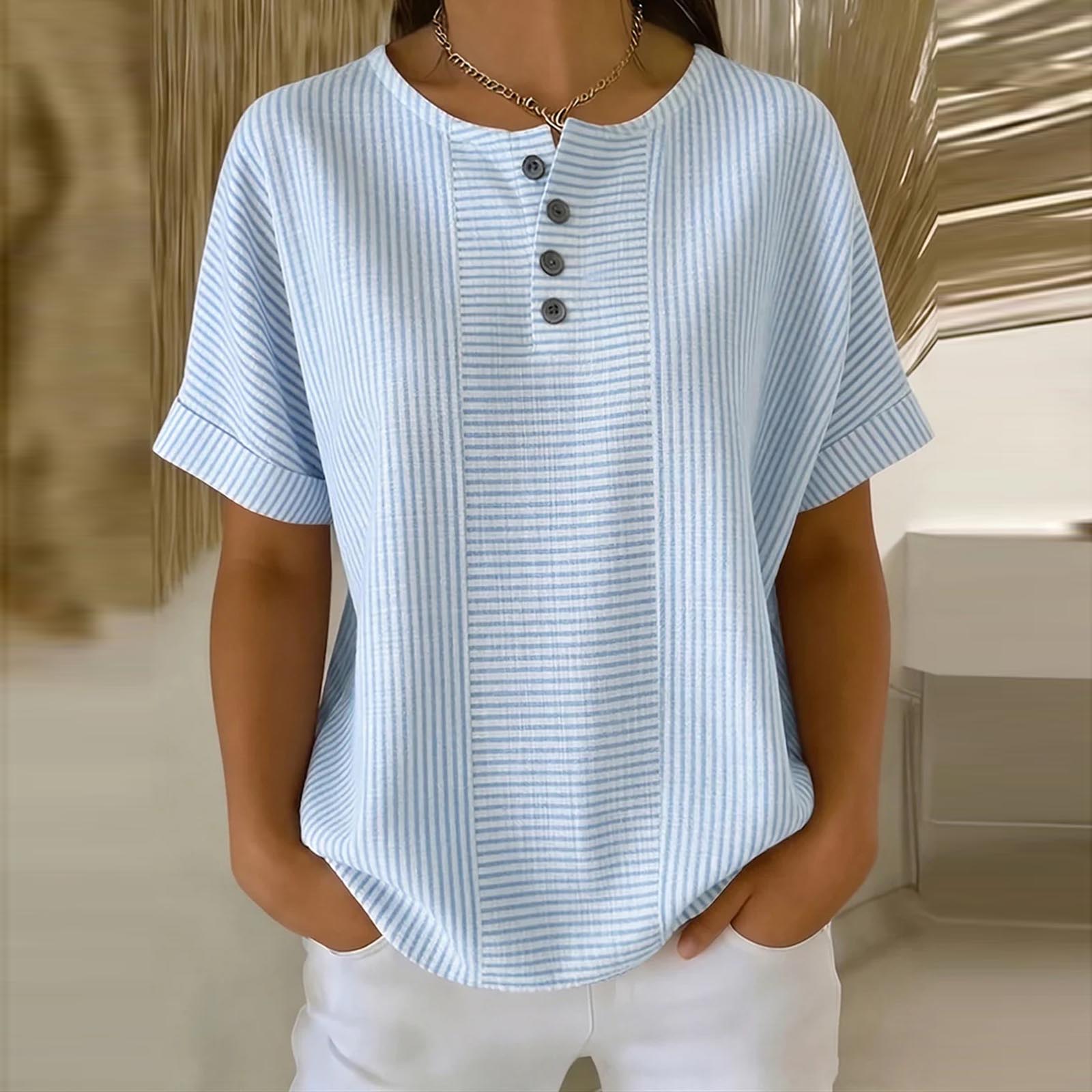 

Women’s Striped Short Sleeve Henley Blouse with Button Front Relaxed Fit Casual Lightweight Summer Top L