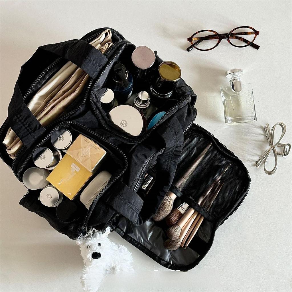 Large Double-Wide Fluffy Makeup & Toiletries Travel Bag for Women