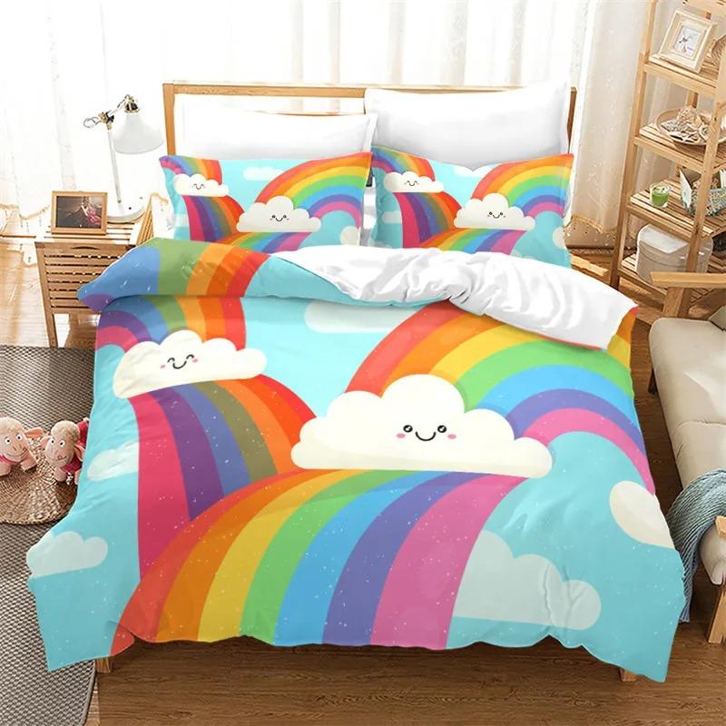 Rainbow Duvet Cover Twin Queen Kawaii Clouds Star Dream Castle Print Comforter Cover Microfiber Cartoon Bedding Set For Boy Girl