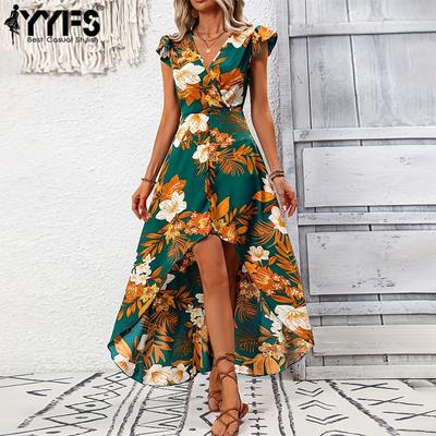 Damenmode, Sommer, Frühling, Blumenmuster, Druck, ärmellos, V-Ausschnitt, hohe Taille, Freizeitkleider