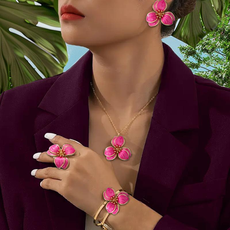 Set of luxury oil dripping flower stud earrings necklace bracelet ring four-piece set of sweet temperament high-end light luxury