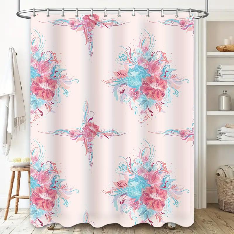 Beautiful Pink Blue Floral Print Shower Curtain Set Bathroom Decor Waterproof Fabric for Bathrooms