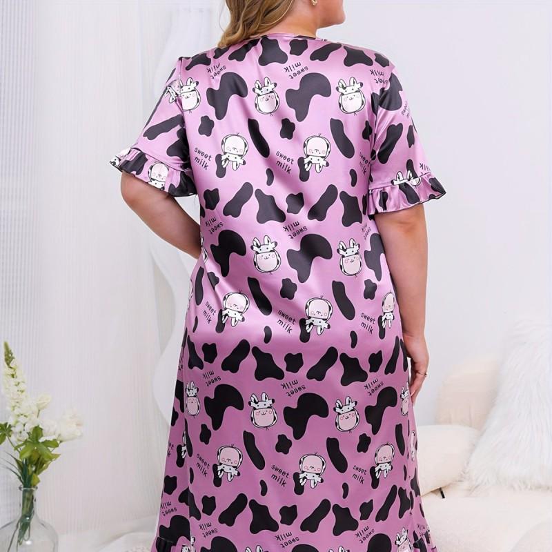 Plus Size Purple Cow Zebra Print Short Sleeve Cartoon Nightdress Loose Comfortable Home Dress Women