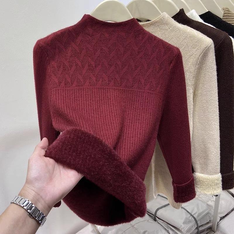 Dámský svetr s vysokým límcem Teplé sametové základní tričko Volný top Pletený svetr