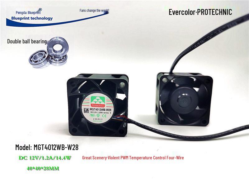 New MGT4012WB-W28-E 4028 Ball Bearing 12V, 1.2A, PWM Temperature Control, 4CM High Airflow Heat Dissipation Fan.