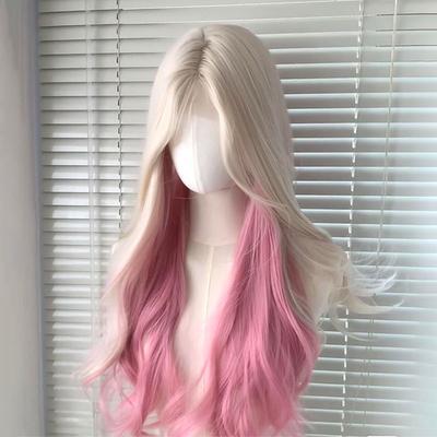 Platinum Gradient Pink JK Long Curly Hair Synthetic Wig, Colorful Girlish Style Big Wave Wig, Women's Wig
