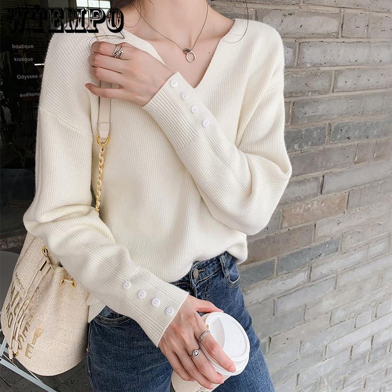 

Женский однотонный свитер с V-образным вырезом, длинными рукавами и свободной вязкой внутри, повседневный тонкий свитер на осень и зиму One Size белый