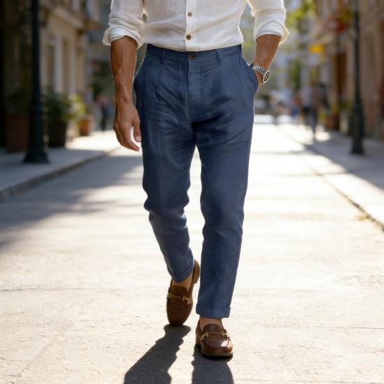 Men Linen Casual Pants Plain Color Dress Pants with Trousers Breathable Regular Fit Belt Loop