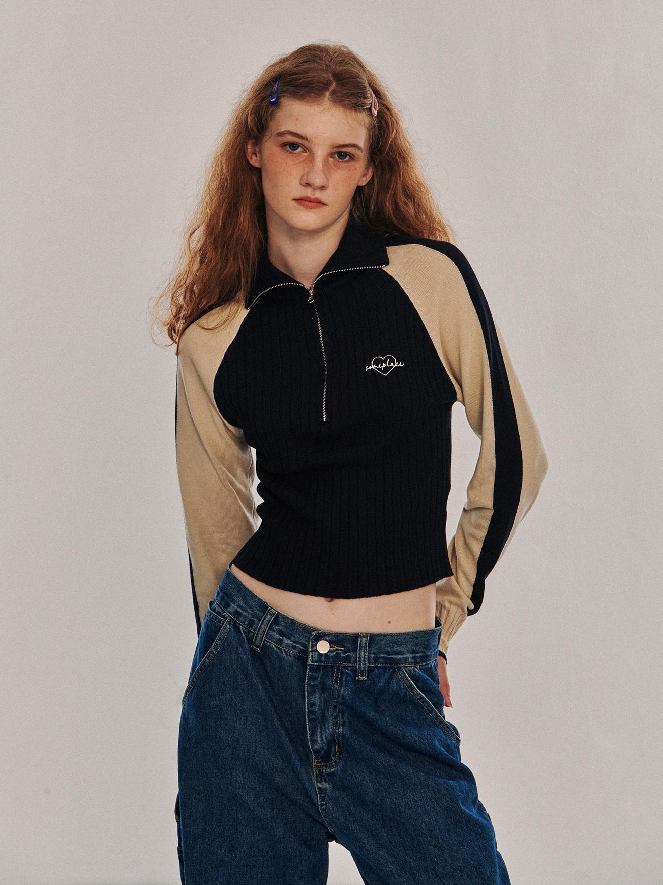 Some Place Two-Color High-Neck Half-Zip Line Knit T-Shirt [Navy] Navy/Free