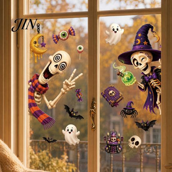 Translucent Halloween Window Cling 2 Sheets Clings, Cartoon Skeleton Static Stickers, Funny Stickers Ghosts Bats Pumpkins for Glass Doors Windows