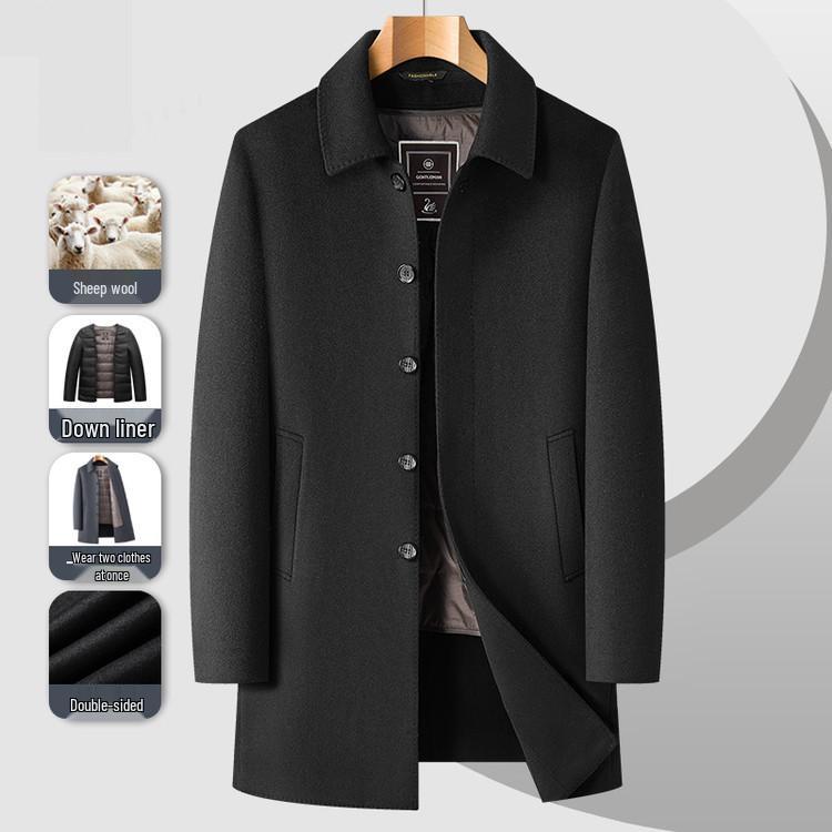 

Men s Mid-Length Double-Sided Wool Coat with Detachable Liner - Warm, Thickened, and Perfect for Autumn/Winter 175 чорний