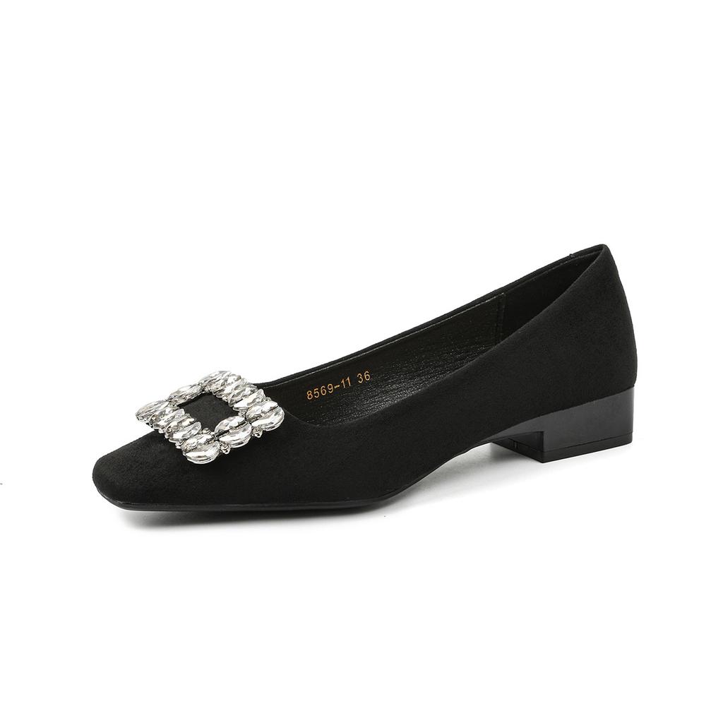 2025 neue Samt-Viereckschnalle Diamant Einzelne Schuhe Frauen haben Absätze, niedrige Absätze eckige Zehen dicke Absätze Damenschuhe Frühling weiche Sohlen sind nicht müde